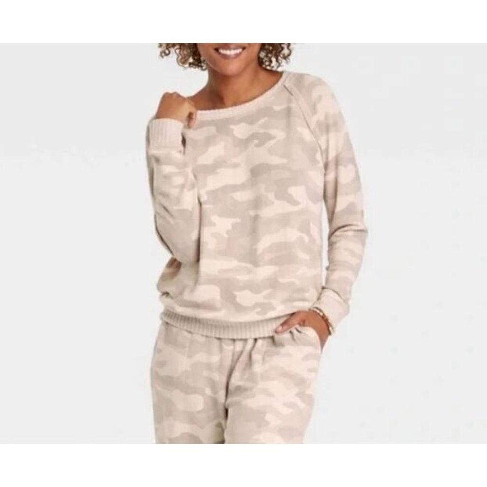 Knox Rose Sweatshirt Womens XL Beige Camo Raglan Sleeve Loungewear Boho
